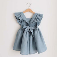 Toddler Kids Girls Linen Cotton Solid Color Ruffle Open Back Bow Sleeveless Suspender Skirt - PrettyKid