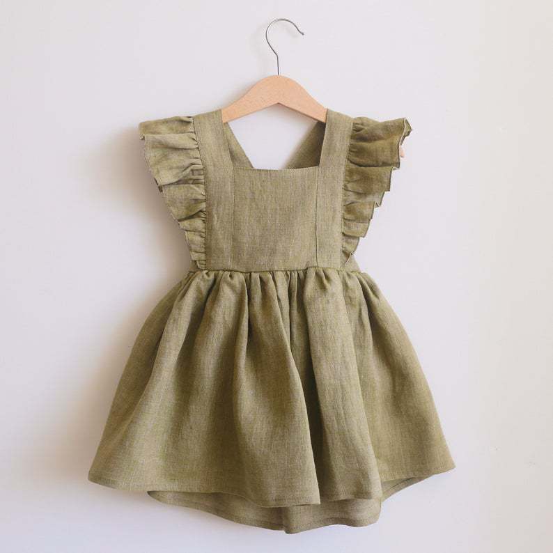 Toddler Kids Girls Linen Cotton Solid Color Ruffle Open Back Bow Sleeveless Suspender Skirt - PrettyKid