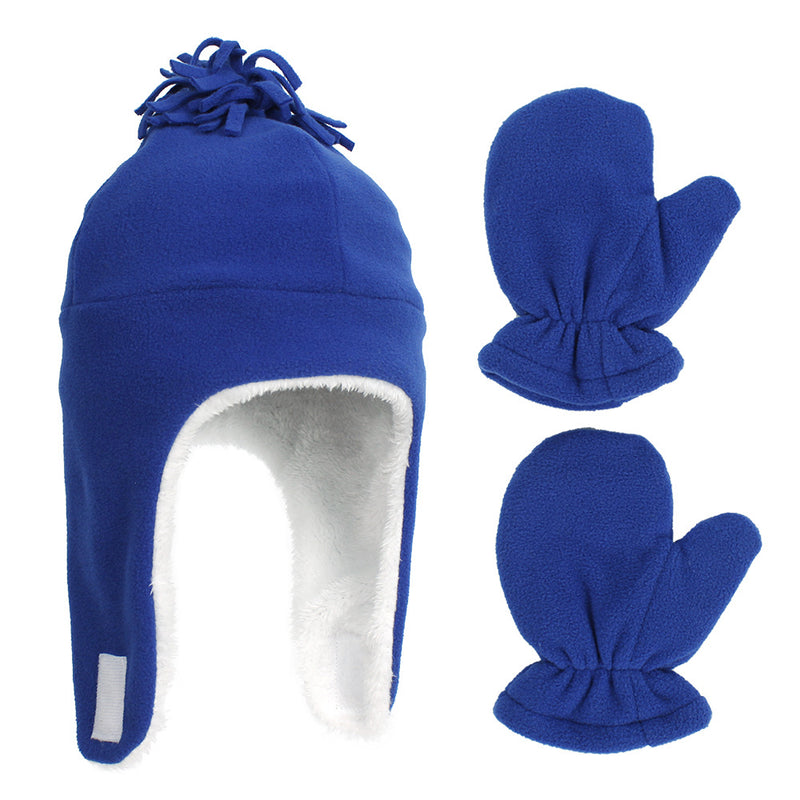 Winter Baby Boys Girls Fleece Hat Plush Ear Protection Warm Hat Glove Set - PrettyKid