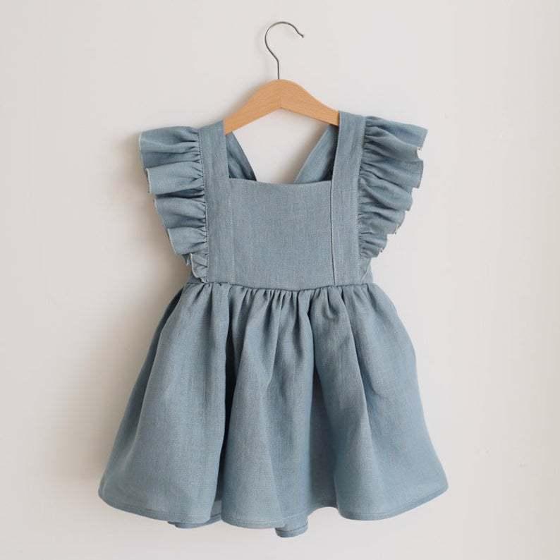 Toddler Kids Girls Linen Cotton Solid Color Ruffle Open Back Bow Sleeveless Suspender Skirt - PrettyKid