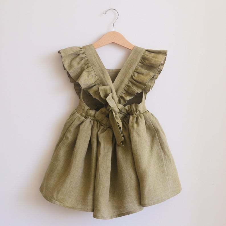 Toddler Kids Girls Linen Cotton Solid Color Ruffle Open Back Bow Sleeveless Suspender Skirt - PrettyKid