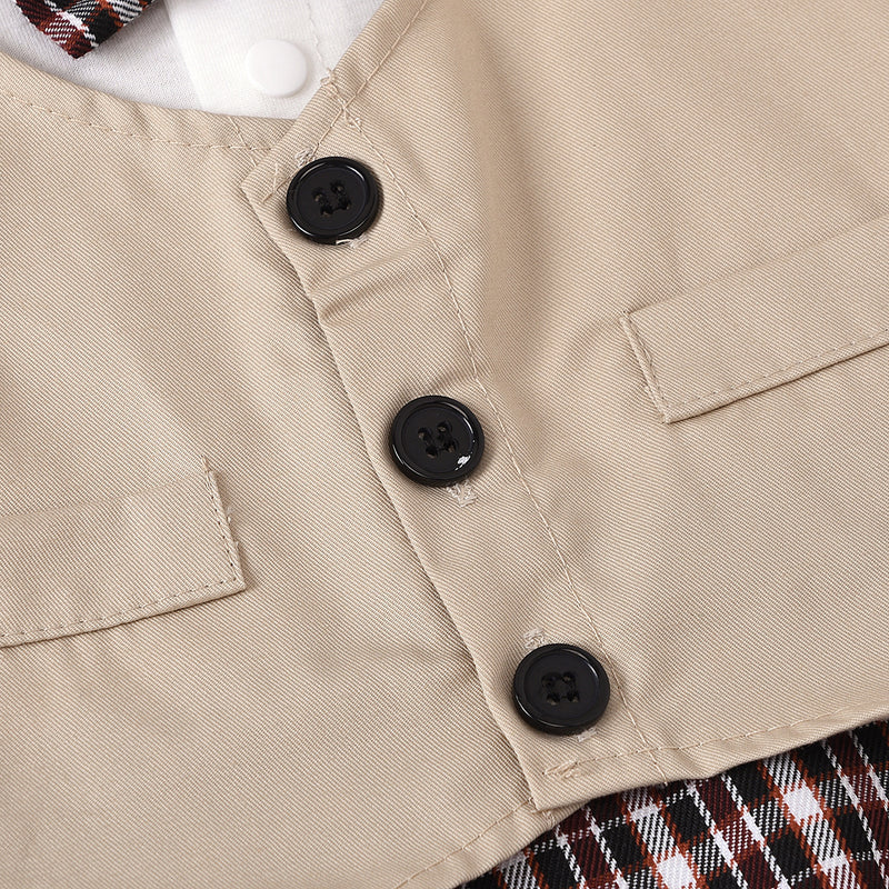 Baby Boys' Short Sleeved Gentleman's Bow Tie Plaid Vest Fake Two Piece Jumpsuit - PrettyKid