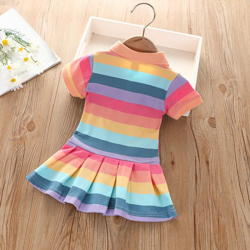 Toddler Kids Girls' Summer Polo Neck Rainbow Striped Short Sleeved Dress - PrettyKid