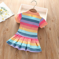 Toddler Kids Girls' Summer Polo Neck Rainbow Striped Short Sleeved Dress - PrettyKid