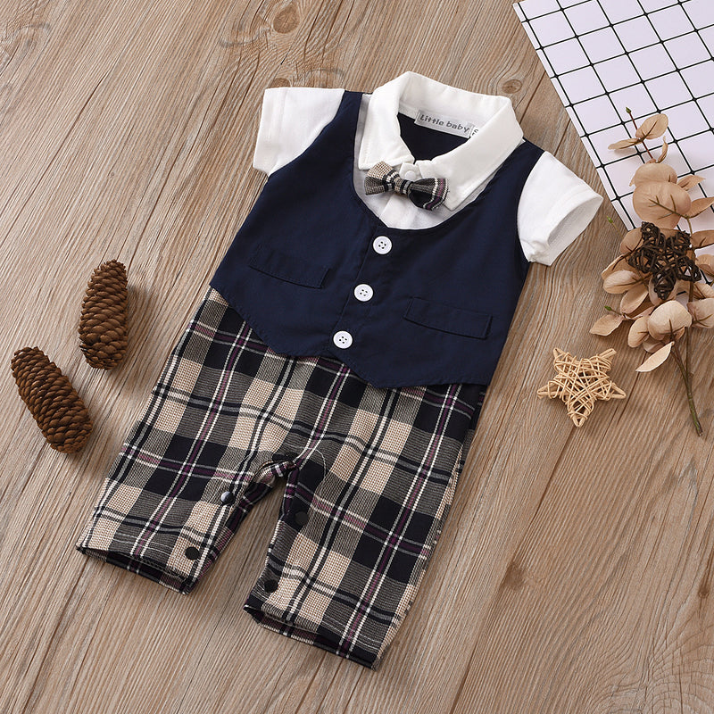 Baby Boys' Short Sleeved Gentleman's Bow Tie Plaid Vest Fake Two Piece Jumpsuit - PrettyKid