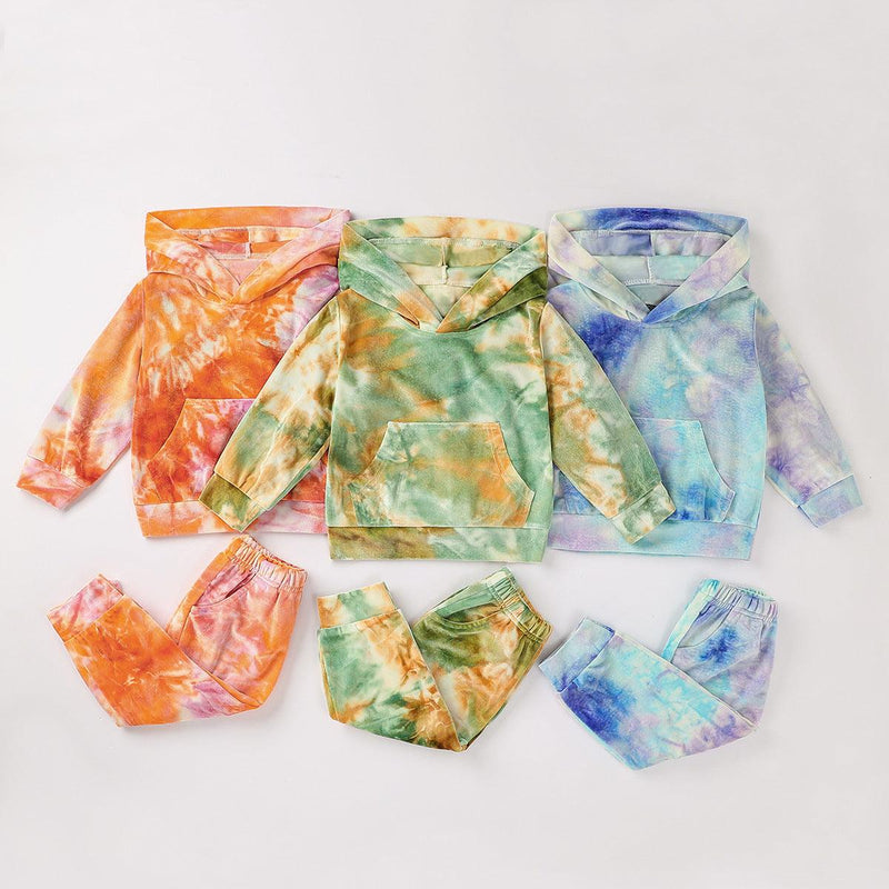 Toddler Tie Dyed Golden Velvet Long Sleeved Hoodie Pants Set - PrettyKid