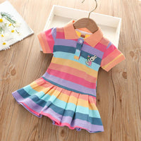 Toddler Kids Girls' Summer Polo Neck Rainbow Striped Short Sleeved Dress - PrettyKid