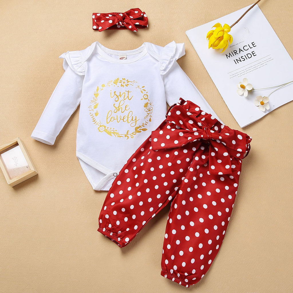 Baby Girls Solid Color Letter Jumpsuit Polka Dot Print Pants Set - PrettyKid