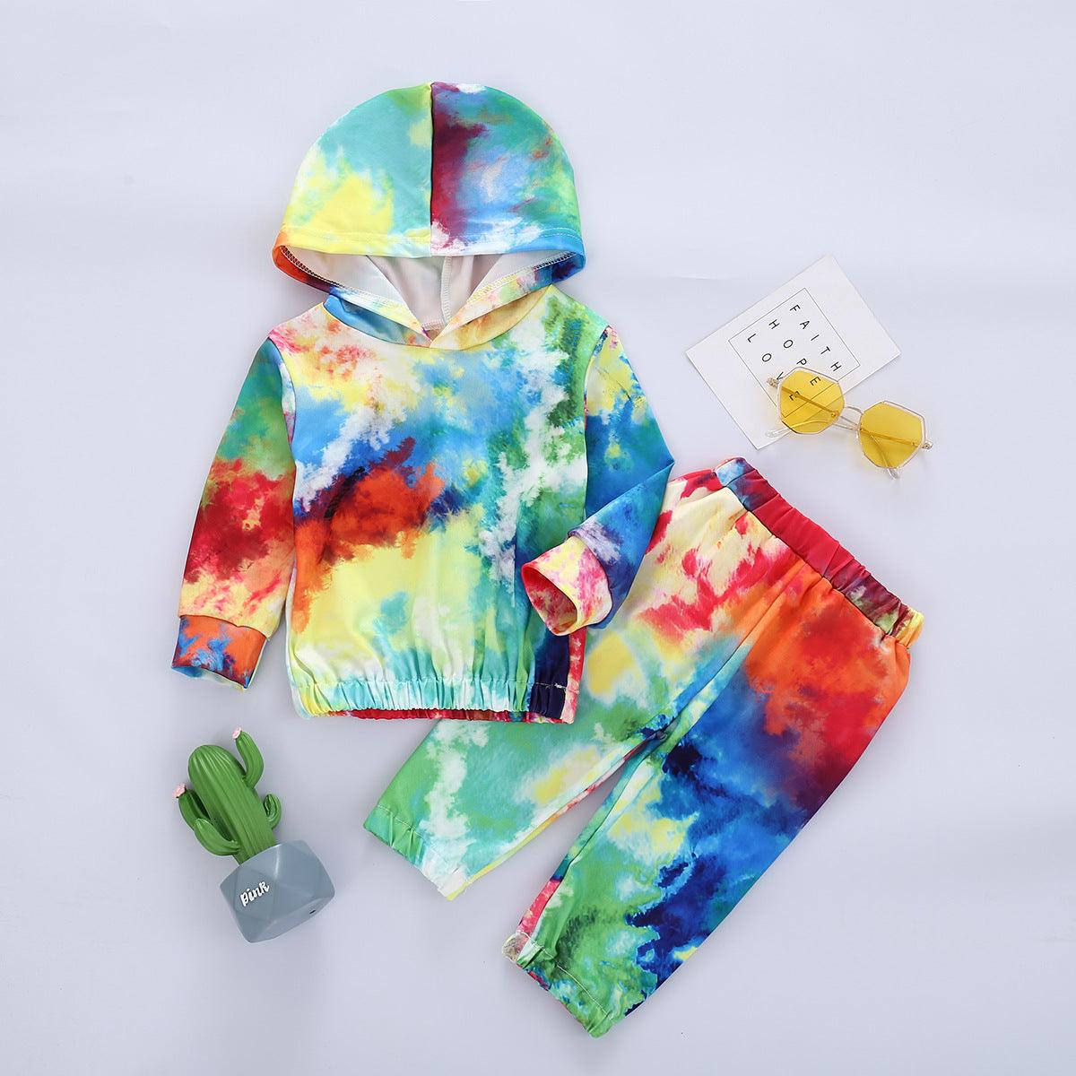 Toddler Kids Tie Dye Long Sleeved Hooded Sweatshirt and Pants Set - PrettyKid