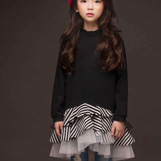 Big Girls Long Sleeve Patch Stripe Mesh Ruffled Trim Wholesale One Piece Dress For Kids - PrettyKid