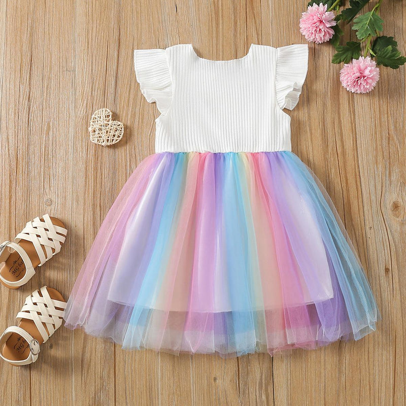 9M-4Y Rainbow Patchwork Mesh Flying Sleeve Pit Dress Wholesale Baby Clothes - PrettyKid