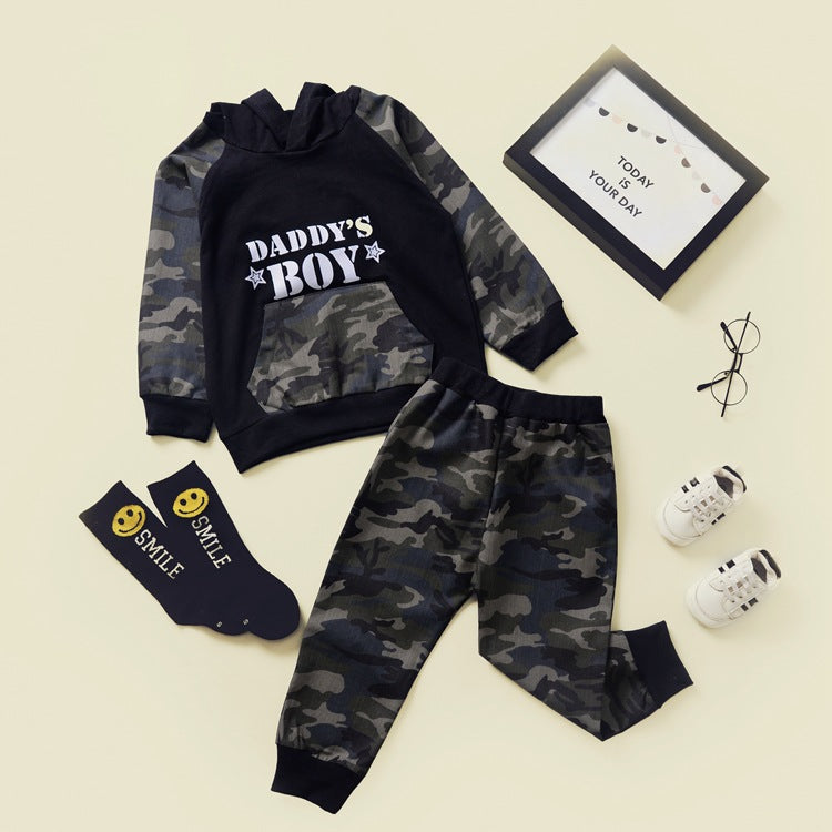 Toddler Kids Boys Camouflage Letters Printed Long Sleeved Hooded Sweatshirt Suit - PrettyKid