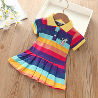 Toddler Kids Girls' Summer Polo Neck Rainbow Striped Short Sleeved Dress - PrettyKid