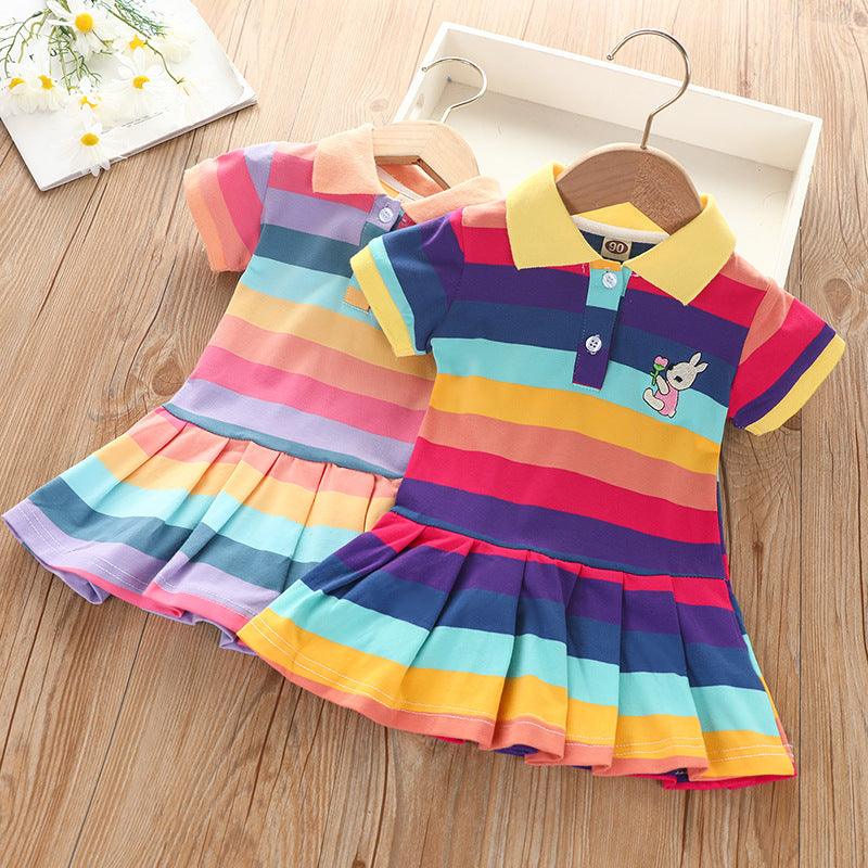 Toddler Kids Girls' Summer Polo Neck Rainbow Striped Short Sleeved Dress - PrettyKid