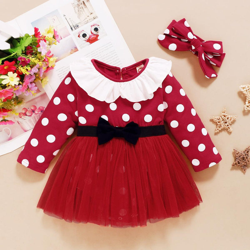 Baby Girls Long Sleeve Bow Dot Mesh Dress - PrettyKid