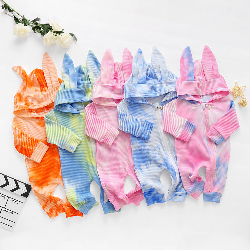 Baby Boys Girls Cute Rabbit Hoodie Tie Dyed Jumpsuit - PrettyKid
