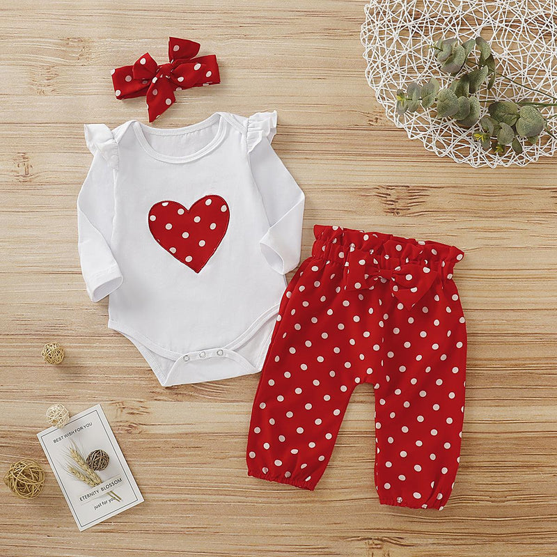 Baby Girls' Long Sleeved Love Jumpsuit Dots Trousers Hair Set - PrettyKid