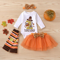 Baby Girls Thanksgiving Cartoon Print Jumpsuit Mesh Skirt Hairband Jacket Four-piece Set Wholesale Baby Clothes Near Me - PrettyKid