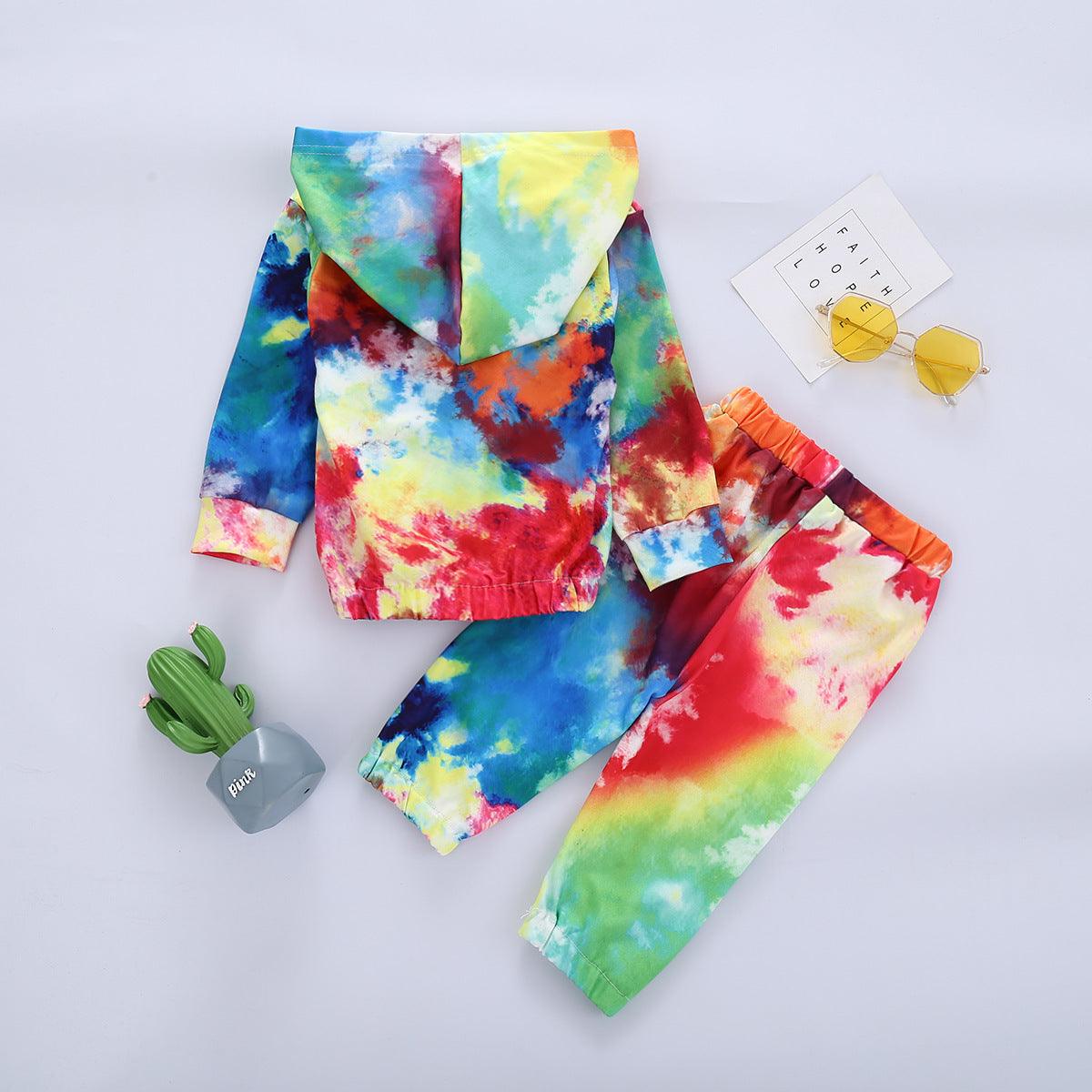 Toddler Kids Tie Dye Long Sleeved Hooded Sweatshirt and Pants Set - PrettyKid