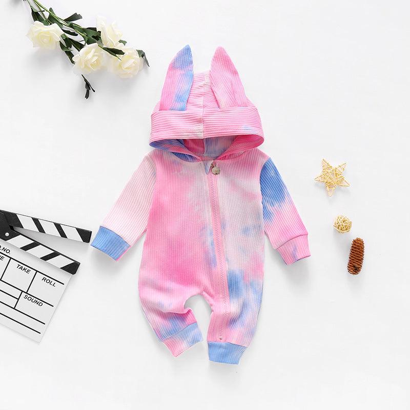 Baby Boys Girls Cute Rabbit Hoodie Tie Dyed Jumpsuit - PrettyKid