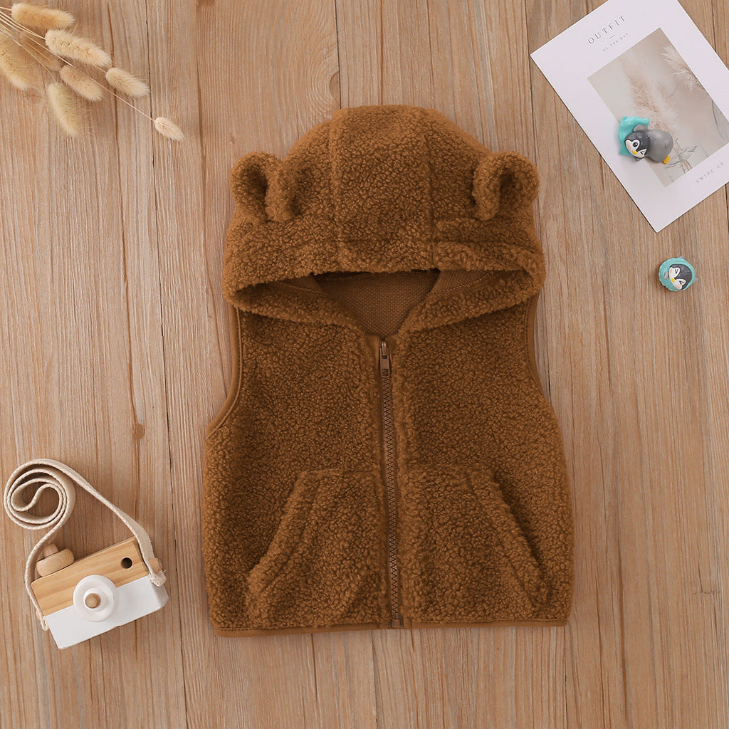 Boys And Girls Brown Solid Color Sleeveless Hoodie Wholesale Coats - PrettyKid