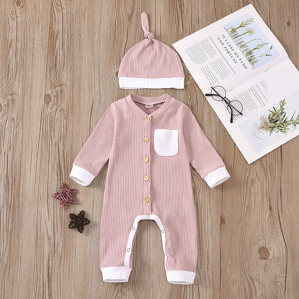 Baby Boys Girls Knitted Striped Solid One-piece Suit Hat Two-piece Set - PrettyKid