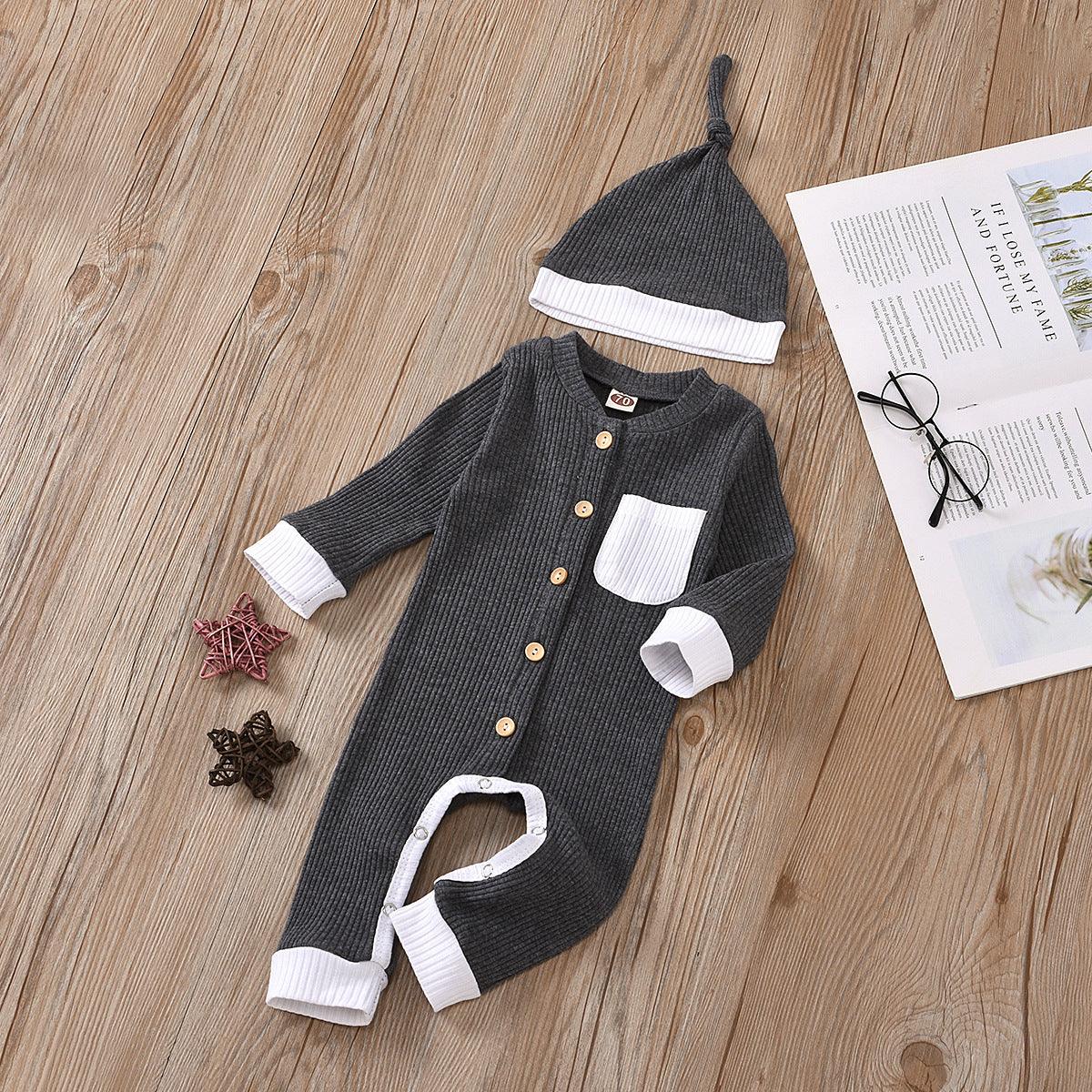 Baby Boys Girls Knitted Striped Solid One-piece Suit Hat Two-piece Set - PrettyKid