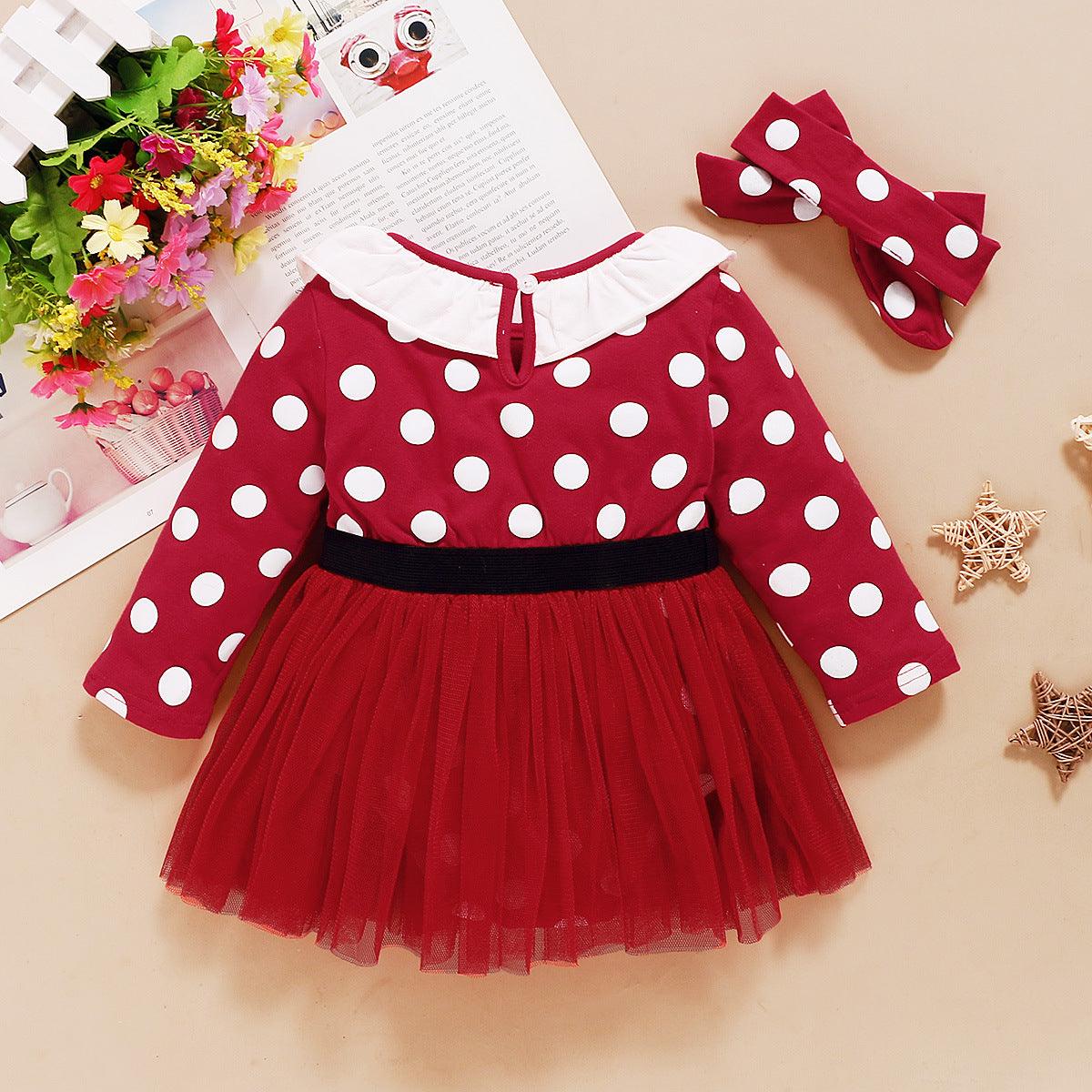 Baby Girls Long Sleeve Bow Dot Mesh Dress - PrettyKid