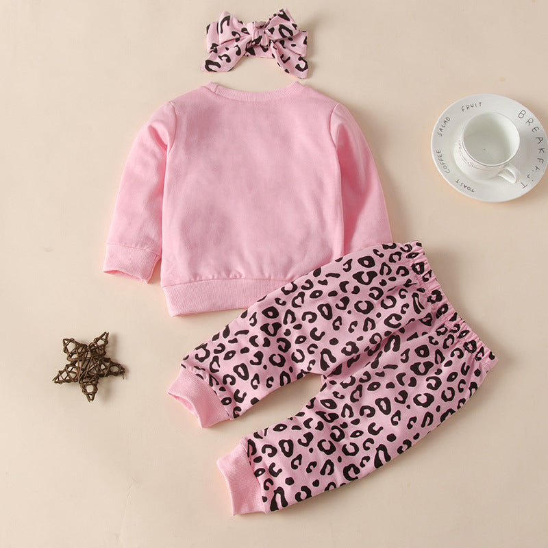 Toddler Kids Girls' Solid Color Letter Round Neck Sweater Leopard Pants Set - PrettyKid