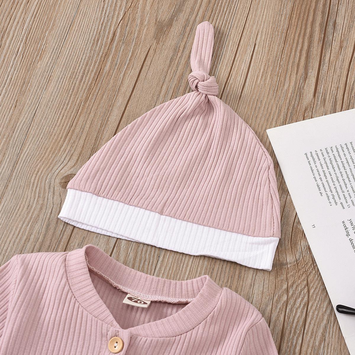 Baby Boys Girls Knitted Striped Solid One-piece Suit Hat Two-piece Set - PrettyKid