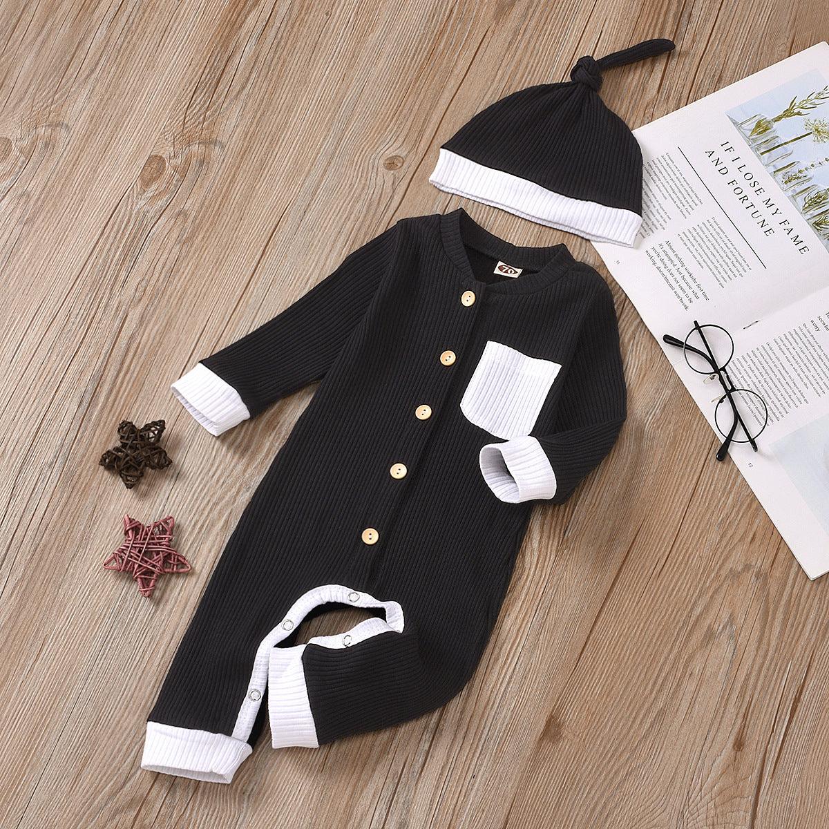 Baby Boys Girls Knitted Striped Solid One-piece Suit Hat Two-piece Set - PrettyKid