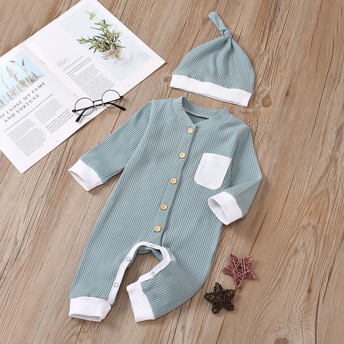 Baby Boys Girls Knitted Striped Solid One-piece Suit Hat Two-piece Set - PrettyKid