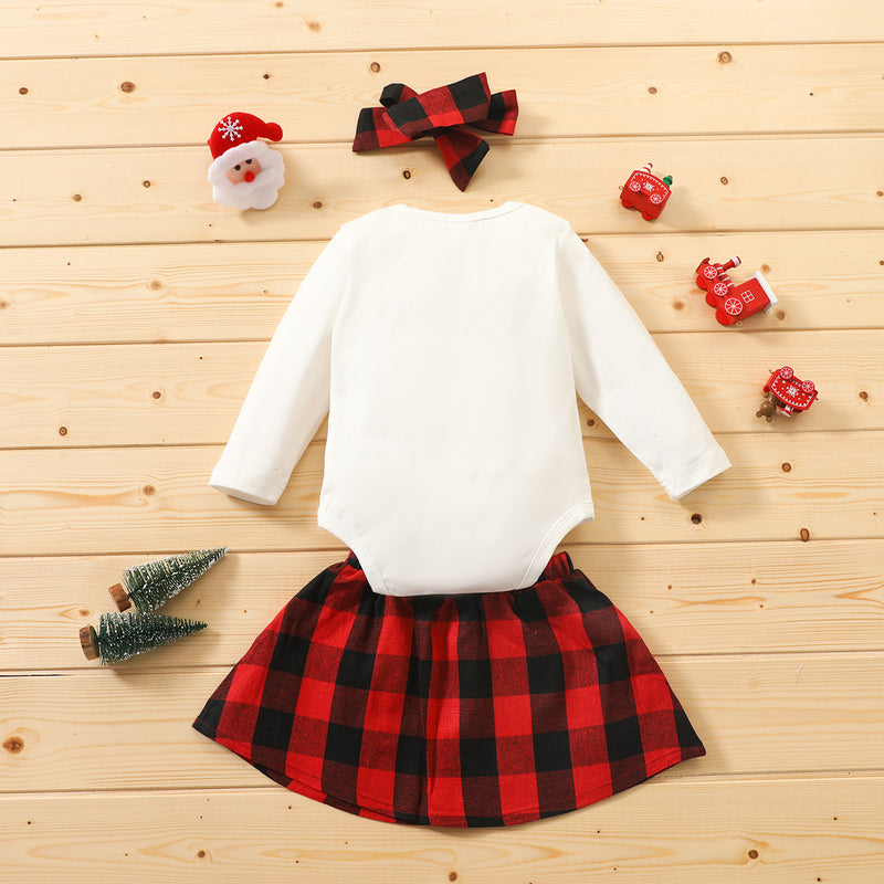 Baby Girls Christmas Deer Printed Romper & Skirts & Headband Kids Fashion Wholesale - PrettyKid