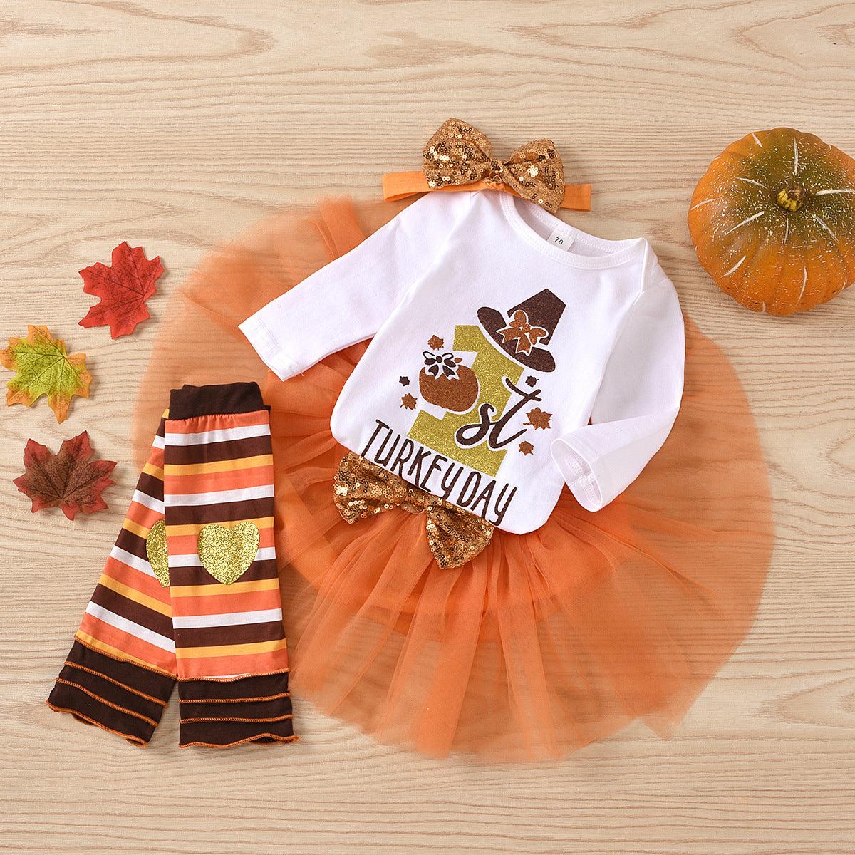 Baby Girls Thanksgiving Cartoon Print Jumpsuit Mesh Skirt Hairband Jacket Four-piece Set Wholesale Baby Clothes Near Me - PrettyKid