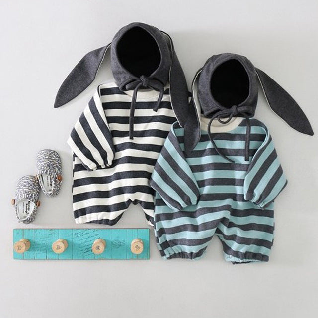 Baby Boys Girls Loose Striped Bunny Jumpsuit Hat Two Piece Set - PrettyKid