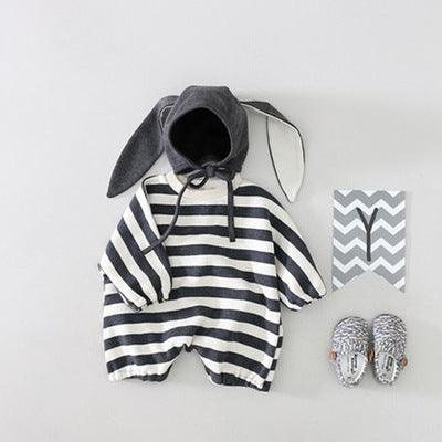 Baby Boys Girls Loose Striped Bunny Jumpsuit Hat Two Piece Set - PrettyKid