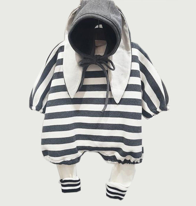 Baby Boys Girls Loose Striped Bunny Jumpsuit Hat Two Piece Set - PrettyKid