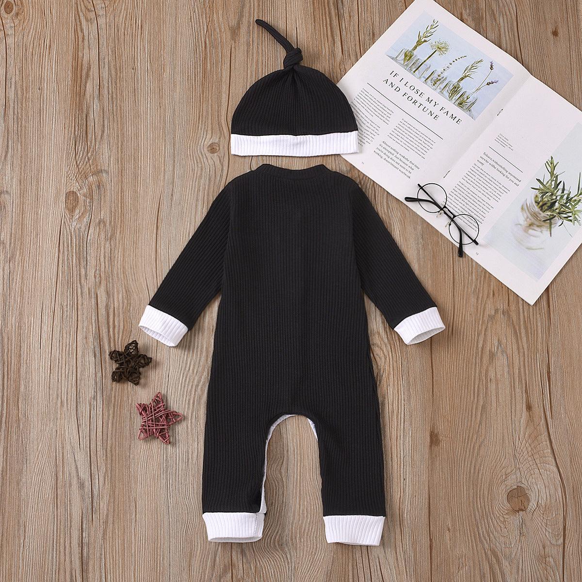 Baby Boys Girls Knitted Striped Solid One-piece Suit Hat Two-piece Set - PrettyKid