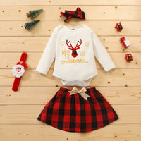 Baby Girls Christmas Deer Printed Romper & Skirts & Headband Kids Fashion Wholesale - PrettyKid