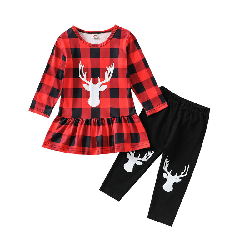 Christmas Deer Print Plaid Dress And Black Trousers And Headband Three Piece Baby Sets - PrettyKid