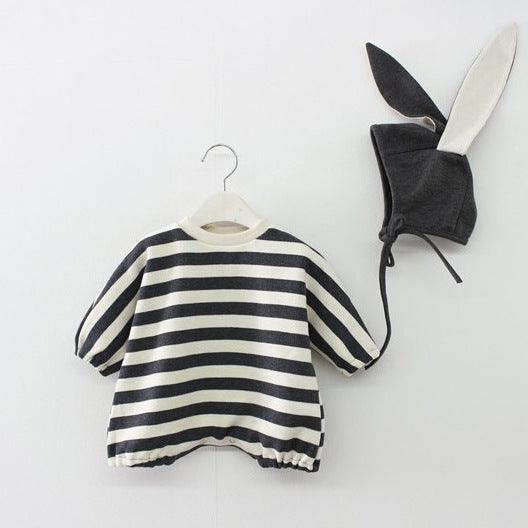 Baby Boys Girls Loose Striped Bunny Jumpsuit Hat Two Piece Set - PrettyKid