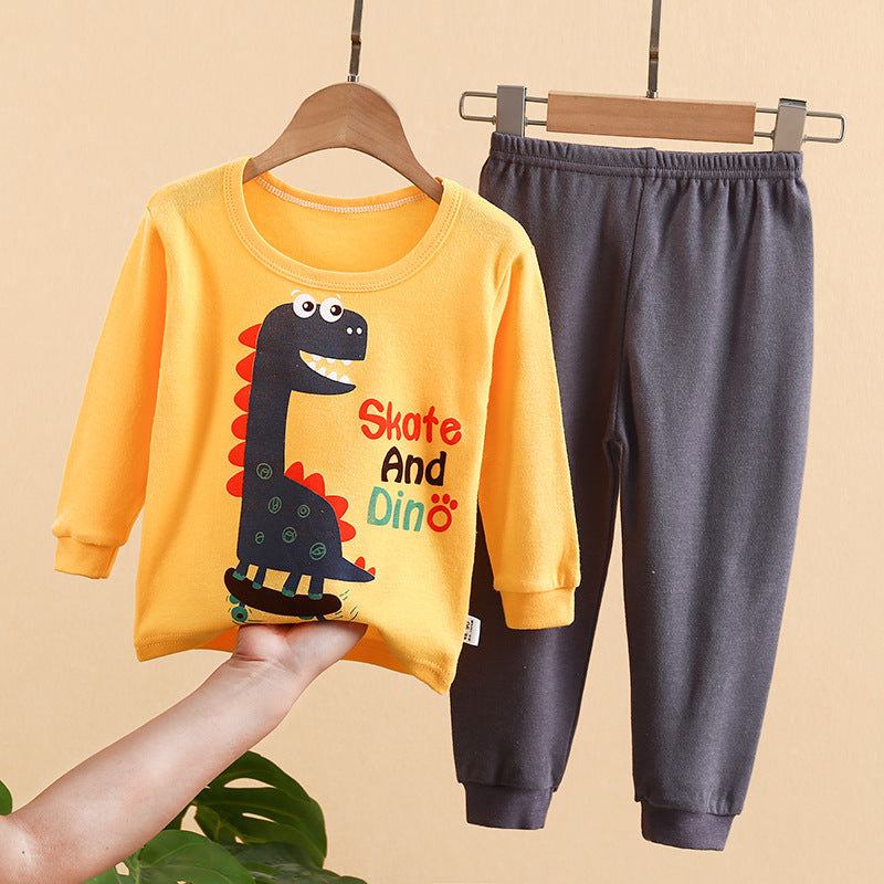 Kids Solid Color Cartoon Print Round Neck Long Sleeve Tops Trousers Set Loungewear - PrettyKid