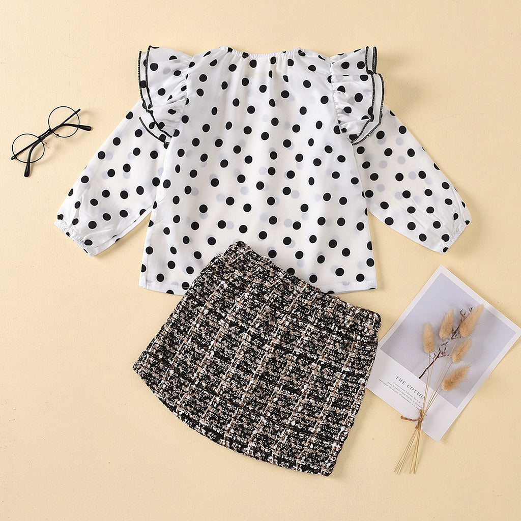 Toddler Kids Girls Dot Long Sleeve Shirt Plaid Print Skirt Set - PrettyKid