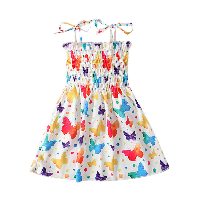 18M-6Y Toddler Girls Floral Butterfly Print Smocked Cami Dresses Wholesale Girls Clothes - PrettyKid