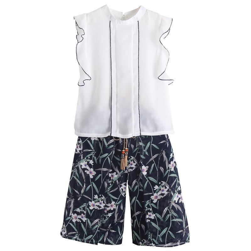 2-piece Ruffle Sleeveless Shirt & Floral Knee Length Pants for Girl - PrettyKid