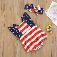 Baby Girl Independence Day Pentagram Print Striped Bodysuit & Headband - PrettyKid