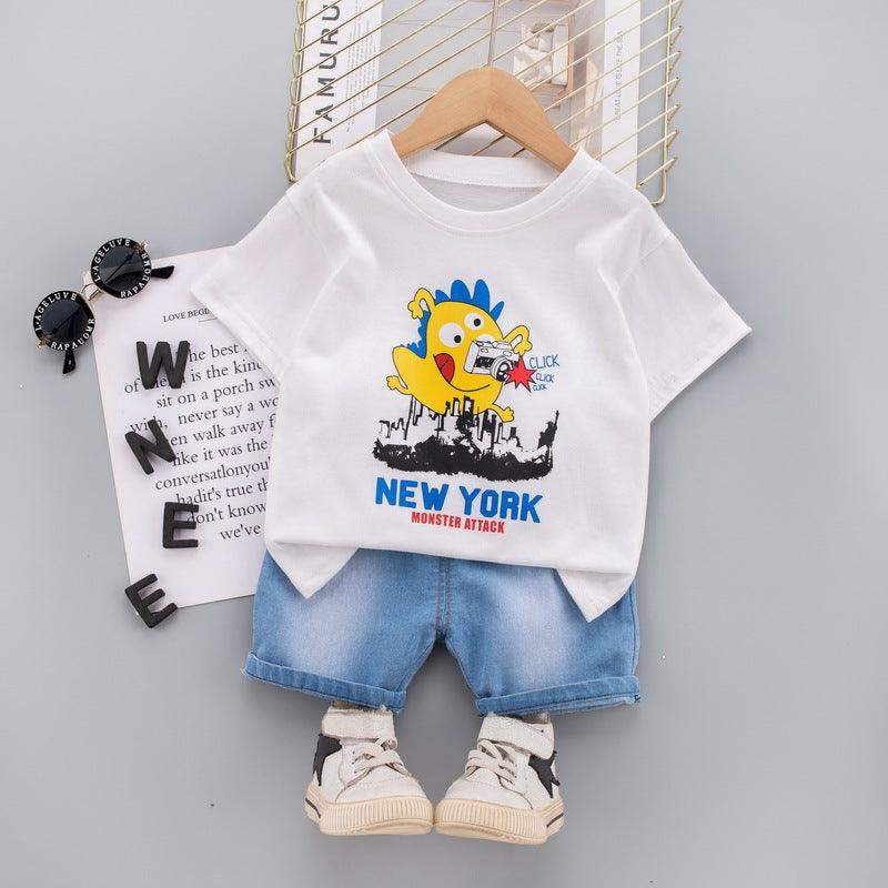 Baby Boy Cartoon T-Shirt And Denim Shorts Baby Boy Shorts Set - PrettyKid