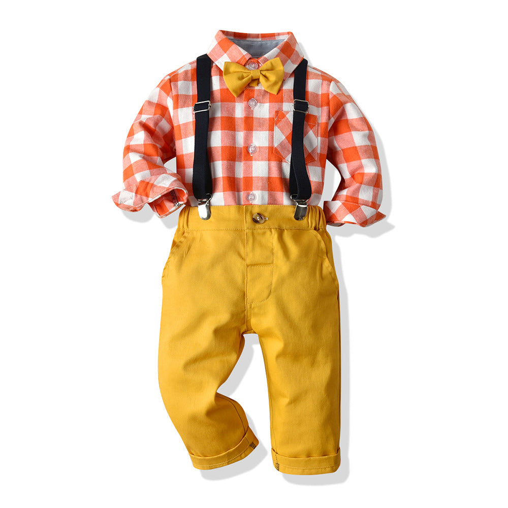 Boys Color Contrast Plaid Top Bow Tie And Plain Suspender Pants Wholesale Toddler Boy Sets - PrettyKid