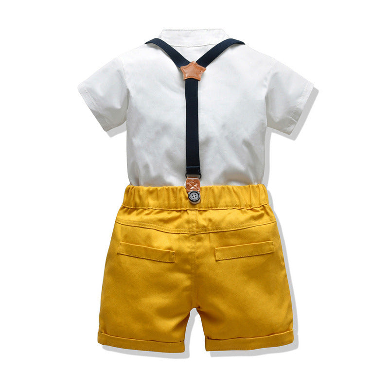 Boys White Plain Shirts Bow Tie Suspender Pants Wholesale Baby Clothing - PrettyKid