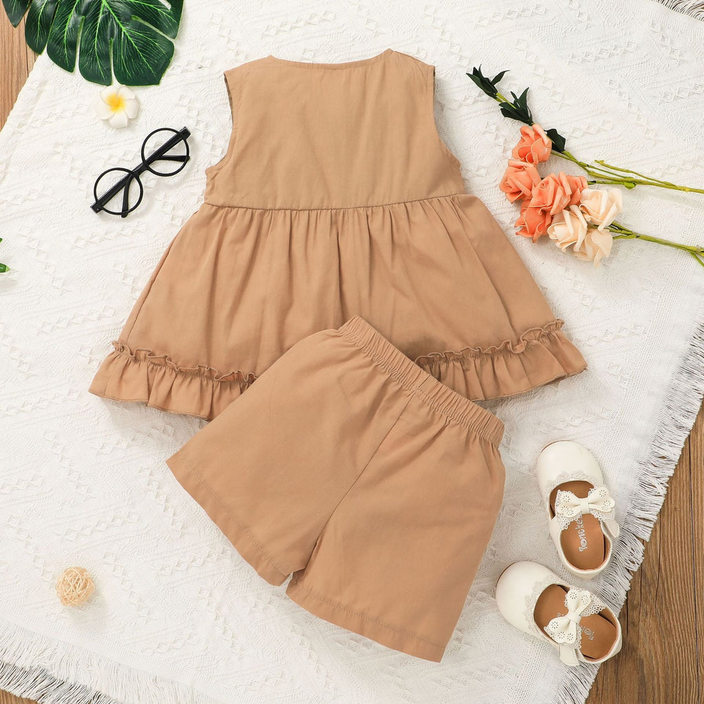 Casual Solid Color Khaki Ruffled Trim Sleeveless Top And Shorts Wholesale Toddler Girl Sets - PrettyKid